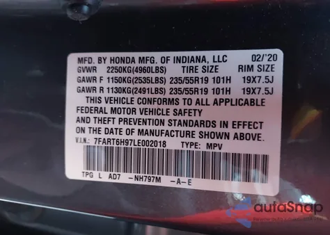 2020 Honda Cr-V Touring z USA, uszkodzony, nr VIN 7FART6H97LE002018